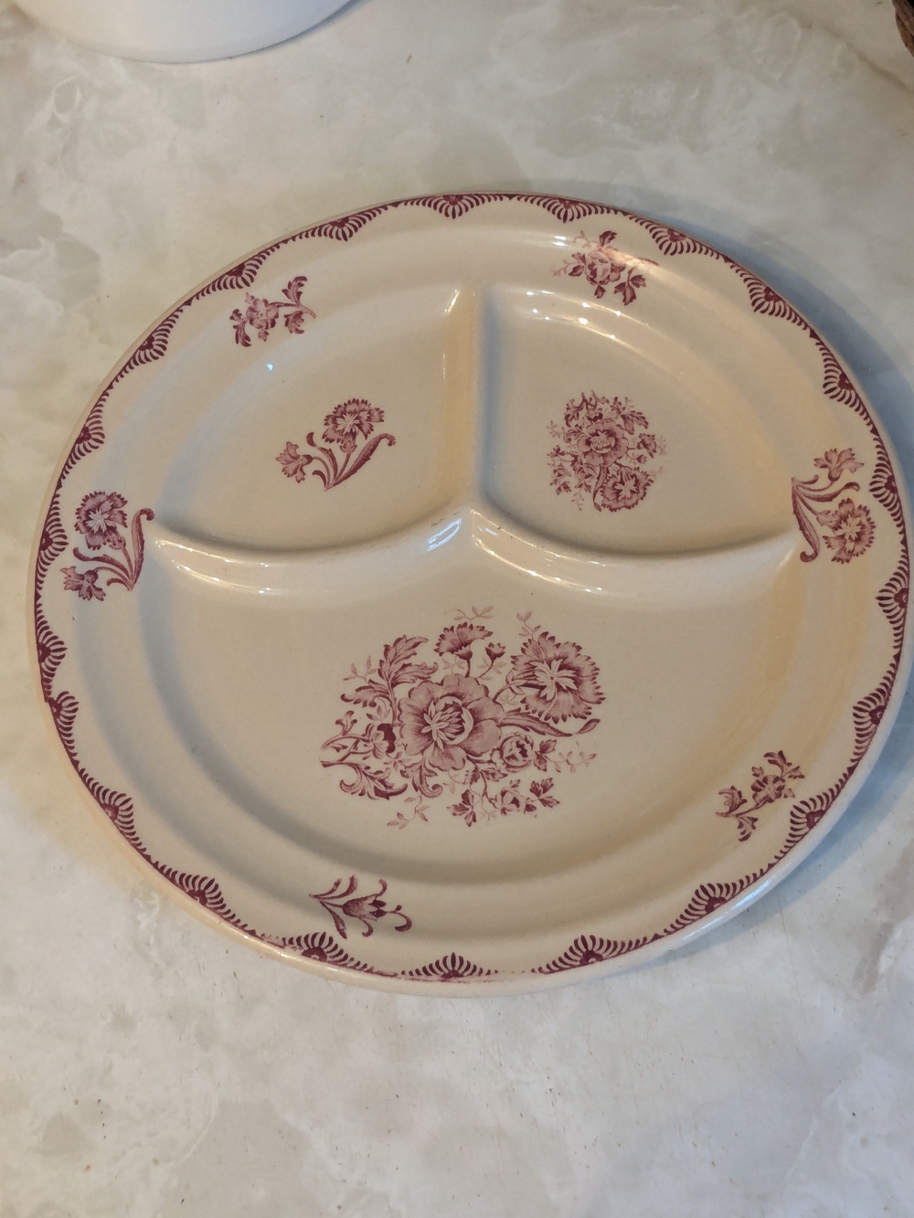 Divided Vintage Stoneware Dinner Plate with Cream And Pink Floral Pattern